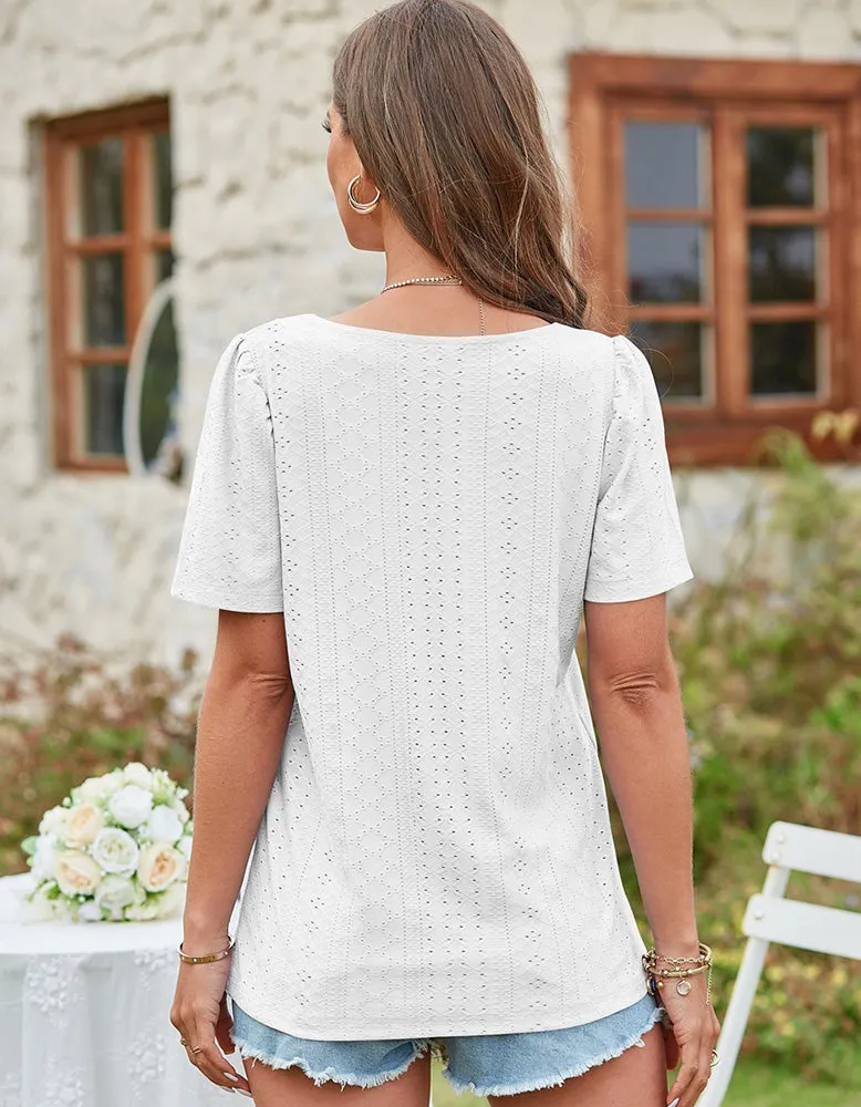 Solid-color Square Neck Cut Out Short Sleeve T-shirt