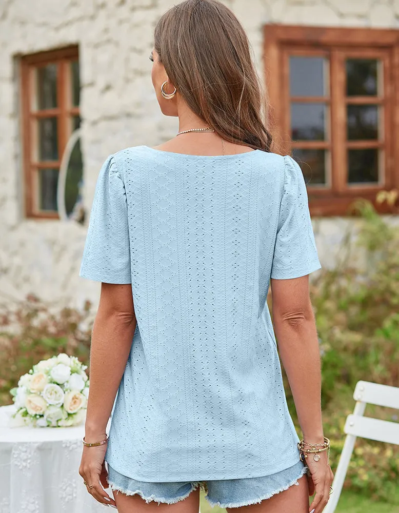 Solid-color Square Neck Cut Out Short Sleeve T-shirt