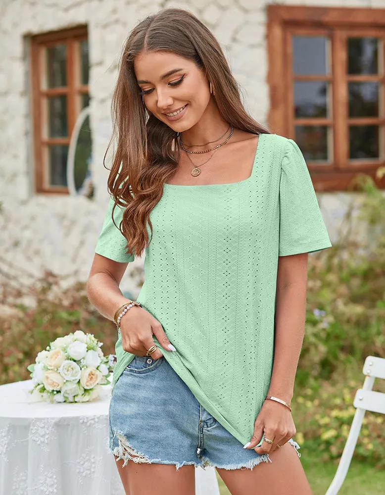 Solid-color Square Neck Cut Out Short Sleeve T-shirt
