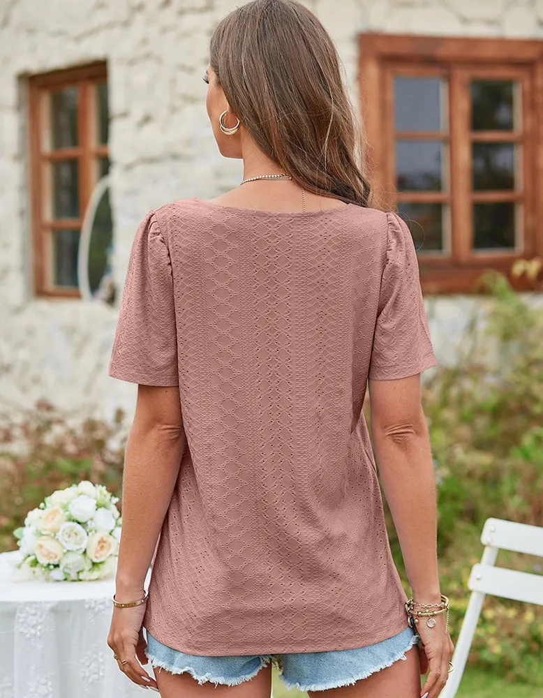 Solid-color Square Neck Cut Out Short Sleeve T-shirt