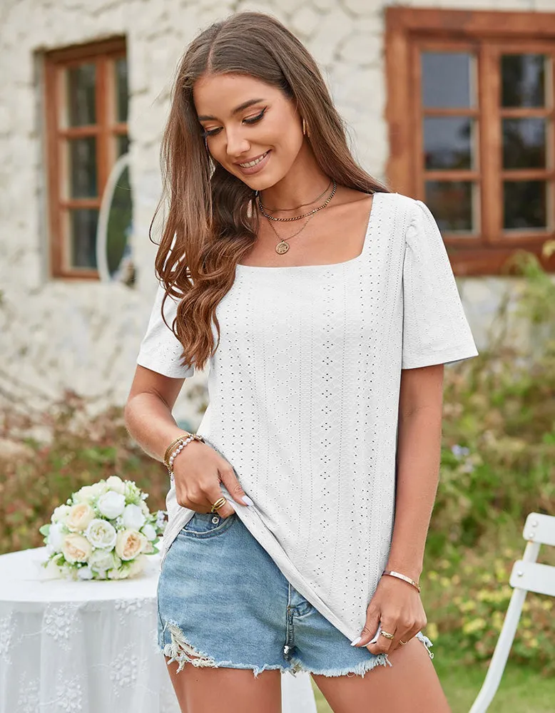 Solid-color Square Neck Cut Out Short Sleeve T-shirt