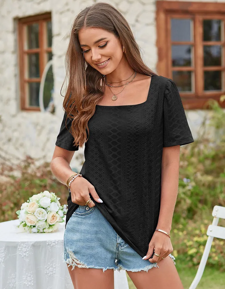 Solid-color Square Neck Cut Out Short Sleeve T-shirt