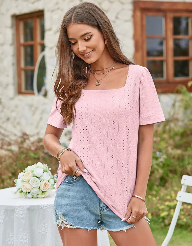Solid-color Square Neck Cut Out Short Sleeve T-shirt