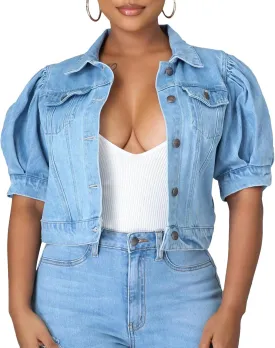 SOMTHRON Women's Cropped Jean Jacket Puff Short Sleeve Button Down Denim Coat Crop Top Outerwear