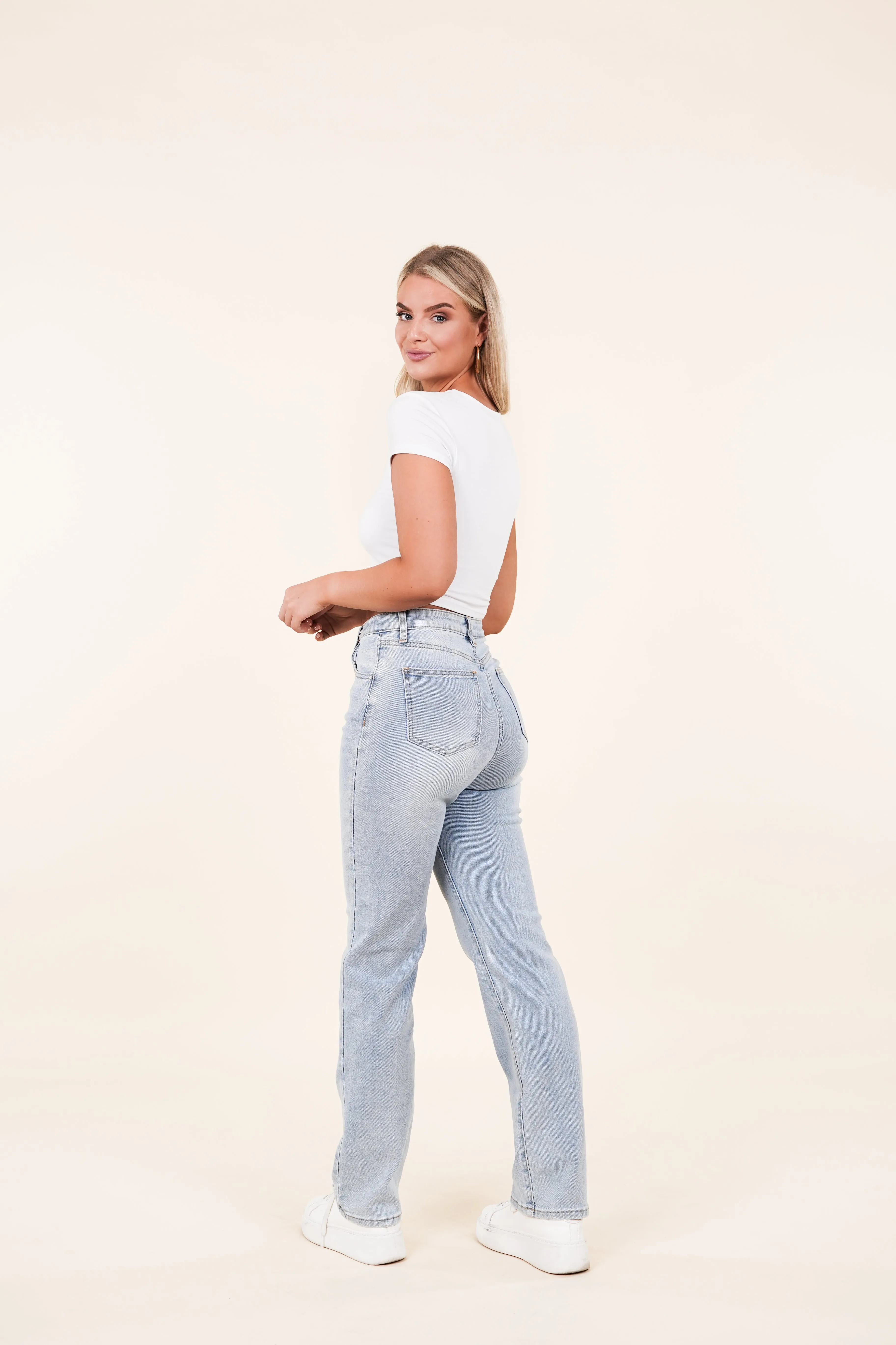 Straight leg jeans met stretch en high waist model blauw - Jacy