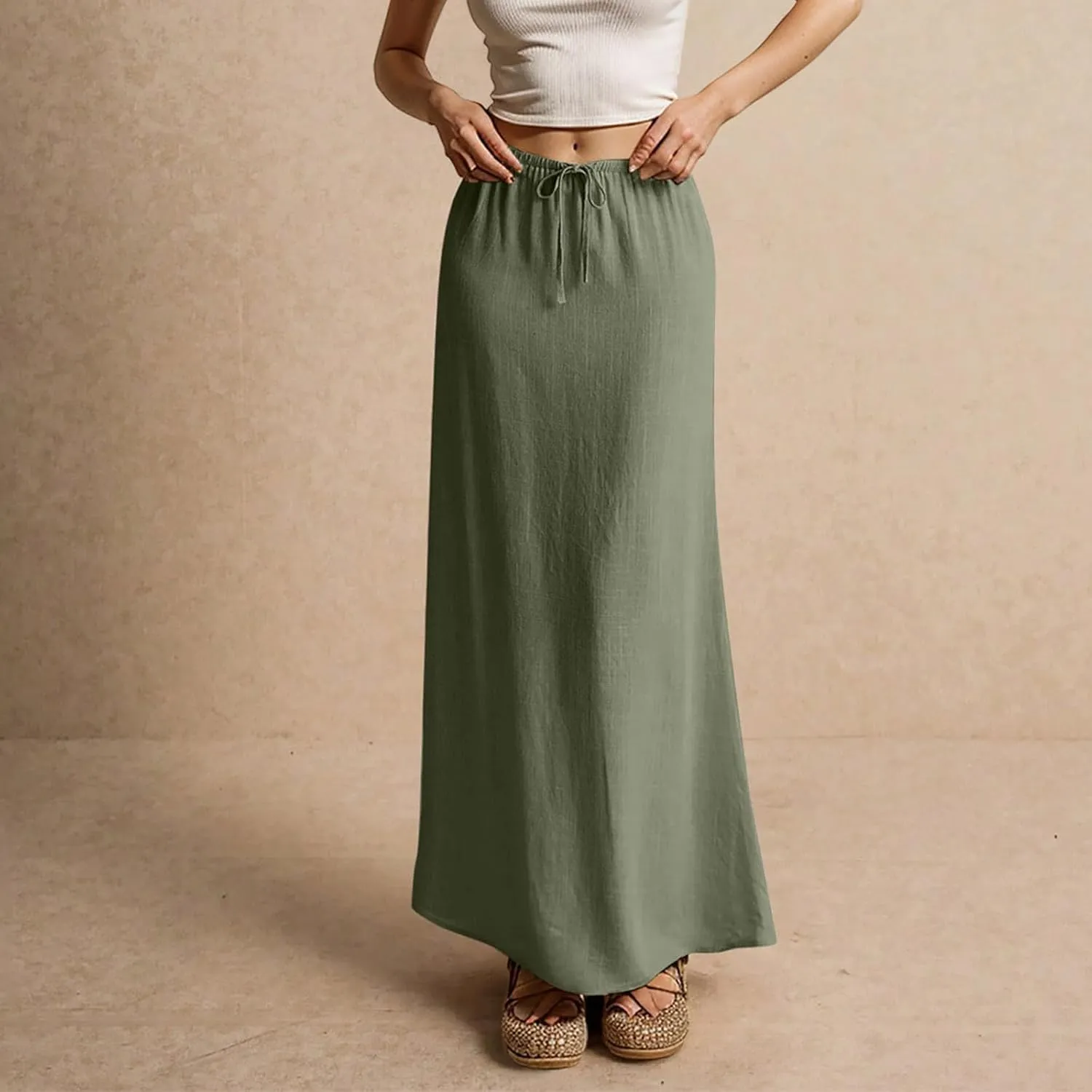 Summer Maxi Skirts for Women Trendy Low Waisted Drawstring Skorts Casual Lightweight Solid Color Simple Long Skirts