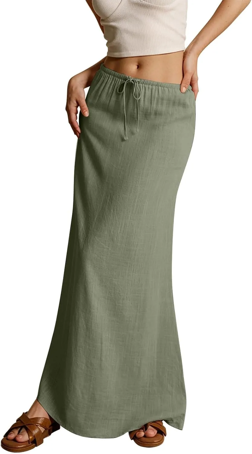 Summer Maxi Skirts for Women Trendy Low Waisted Drawstring Skorts Casual Lightweight Solid Color Simple Long Skirts