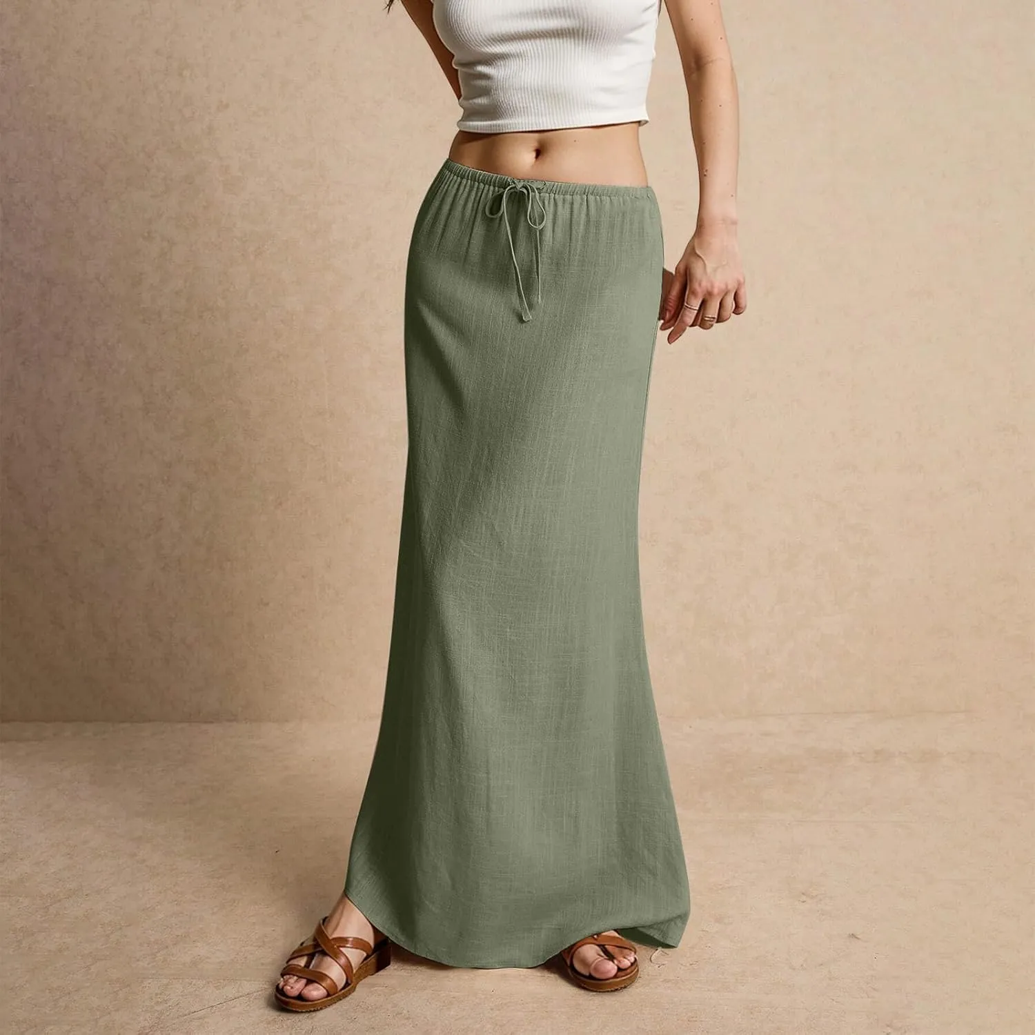 Summer Maxi Skirts for Women Trendy Low Waisted Drawstring Skorts Casual Lightweight Solid Color Simple Long Skirts