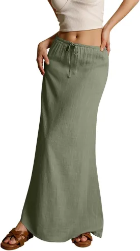 Summer Maxi Skirts for Women Trendy Low Waisted Drawstring Skorts Casual Lightweight Solid Color Simple Long Skirts