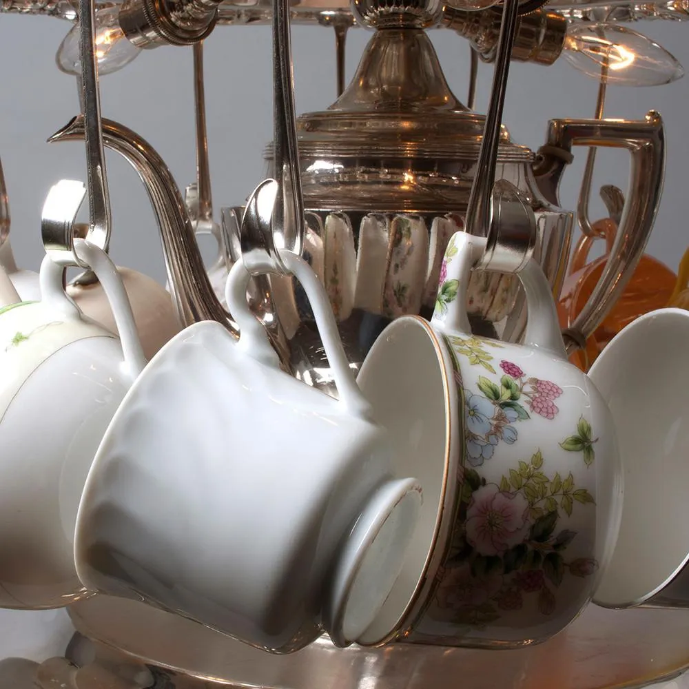 Tea Party Silver Light with Vintage Tea Cups