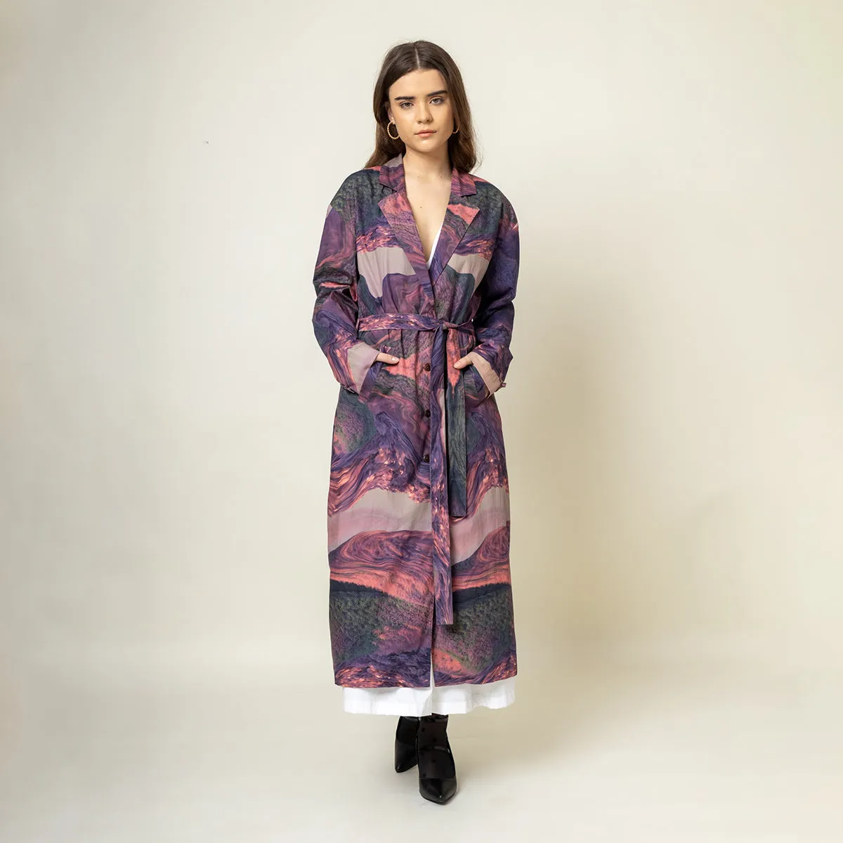 Upcycled Printed Trench Coat | Collared Neck | Purple