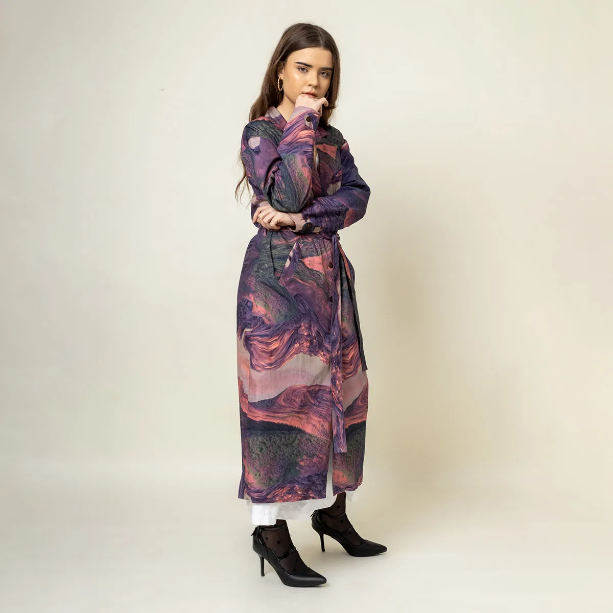 Upcycled Printed Trench Coat | Collared Neck | Purple