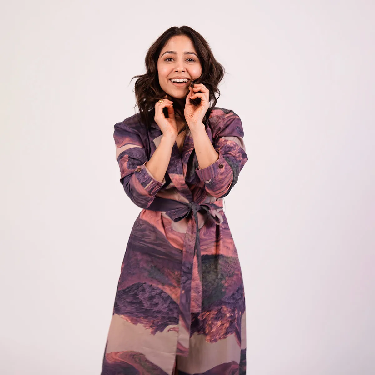 Upcycled Printed Trench Coat | Collared Neck | Purple