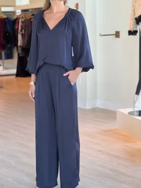 Velivi Velvet Navy Satin Wide Leg Pant