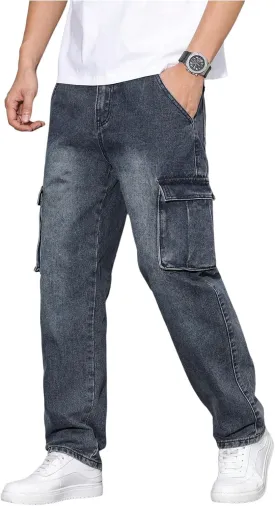 Verdusa Men's Cargo Jeans Relaxed Outfits Straight Leg Denim Pants Vintage Jeans with Pockets