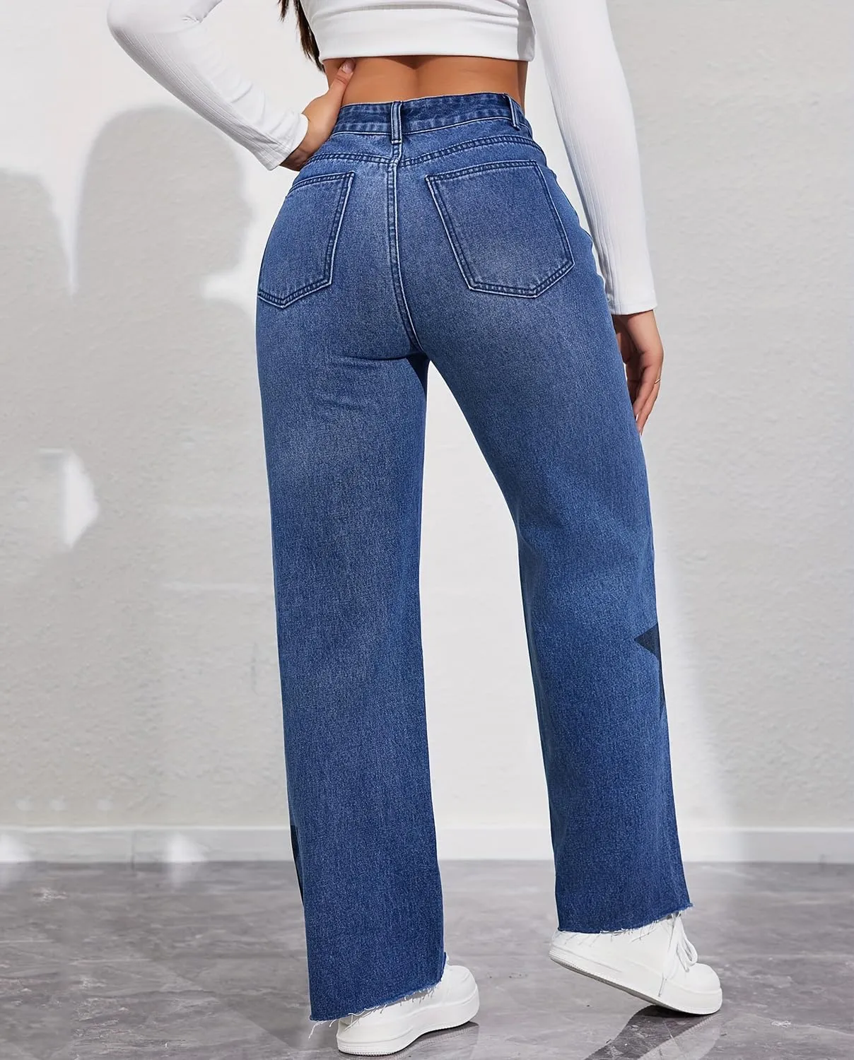 Viatabuna Womens Star Baggy Jeans High Waisted Raw Hem Wide Leg Mom Jeans Straight Loose Y2k Denim Pants Streetwear