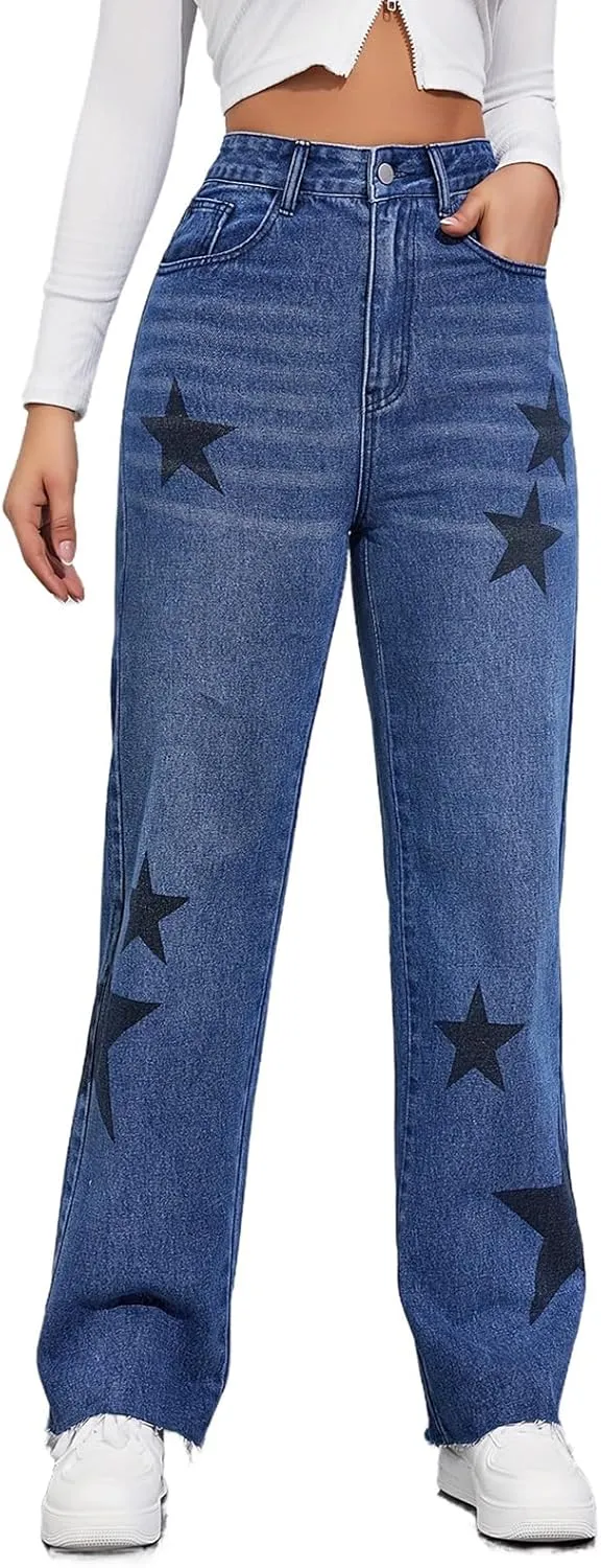 Viatabuna Womens Star Baggy Jeans High Waisted Raw Hem Wide Leg Mom Jeans Straight Loose Y2k Denim Pants Streetwear