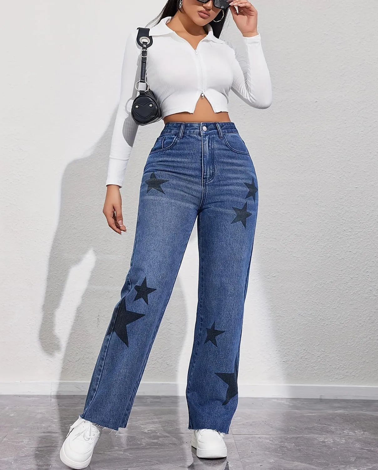 Viatabuna Womens Star Baggy Jeans High Waisted Raw Hem Wide Leg Mom Jeans Straight Loose Y2k Denim Pants Streetwear