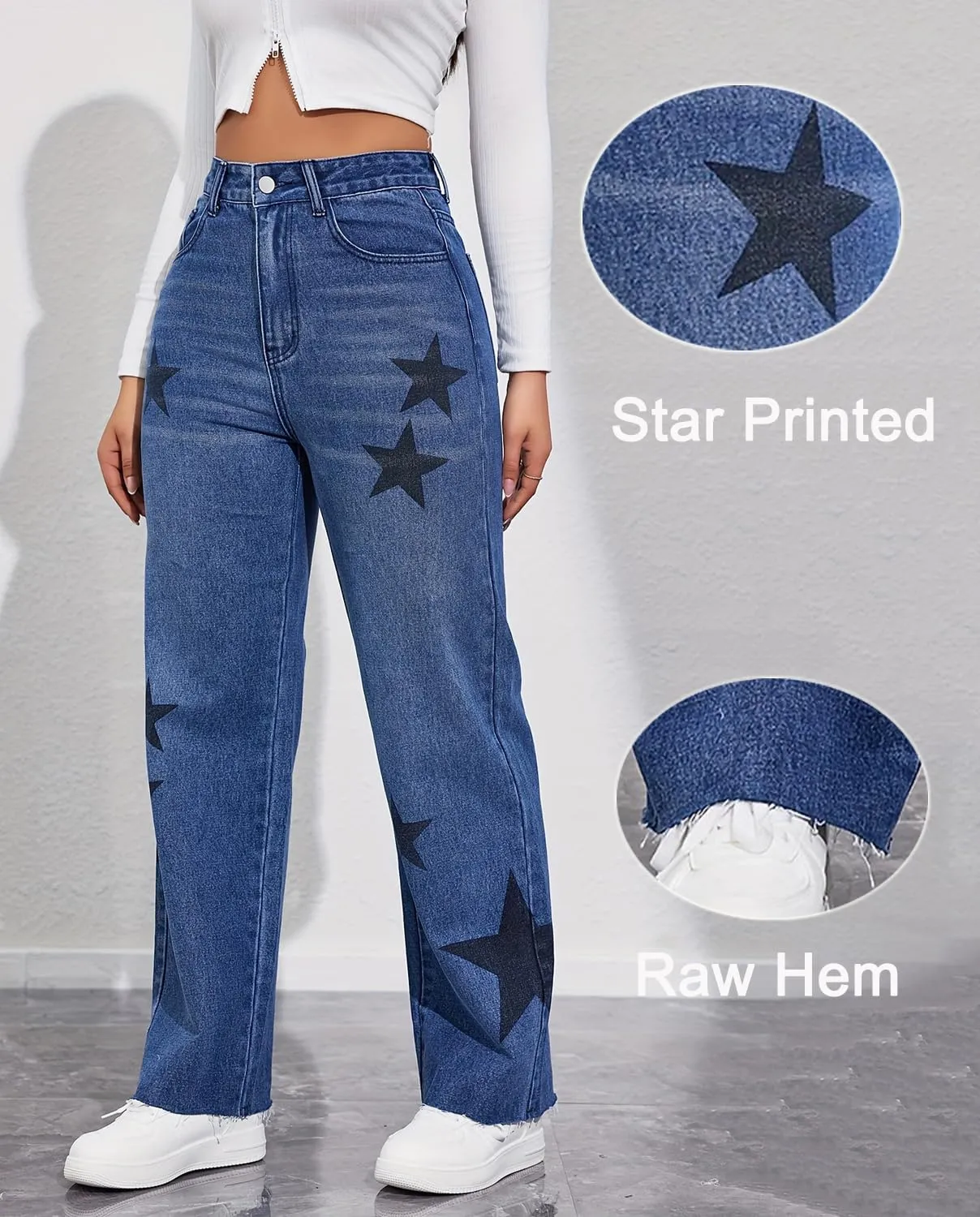 Viatabuna Womens Star Baggy Jeans High Waisted Raw Hem Wide Leg Mom Jeans Straight Loose Y2k Denim Pants Streetwear