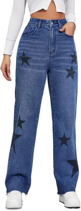 Viatabuna Womens Star Baggy Jeans High Waisted Raw Hem Wide Leg Mom Jeans Straight Loose Y2k Denim Pants Streetwear