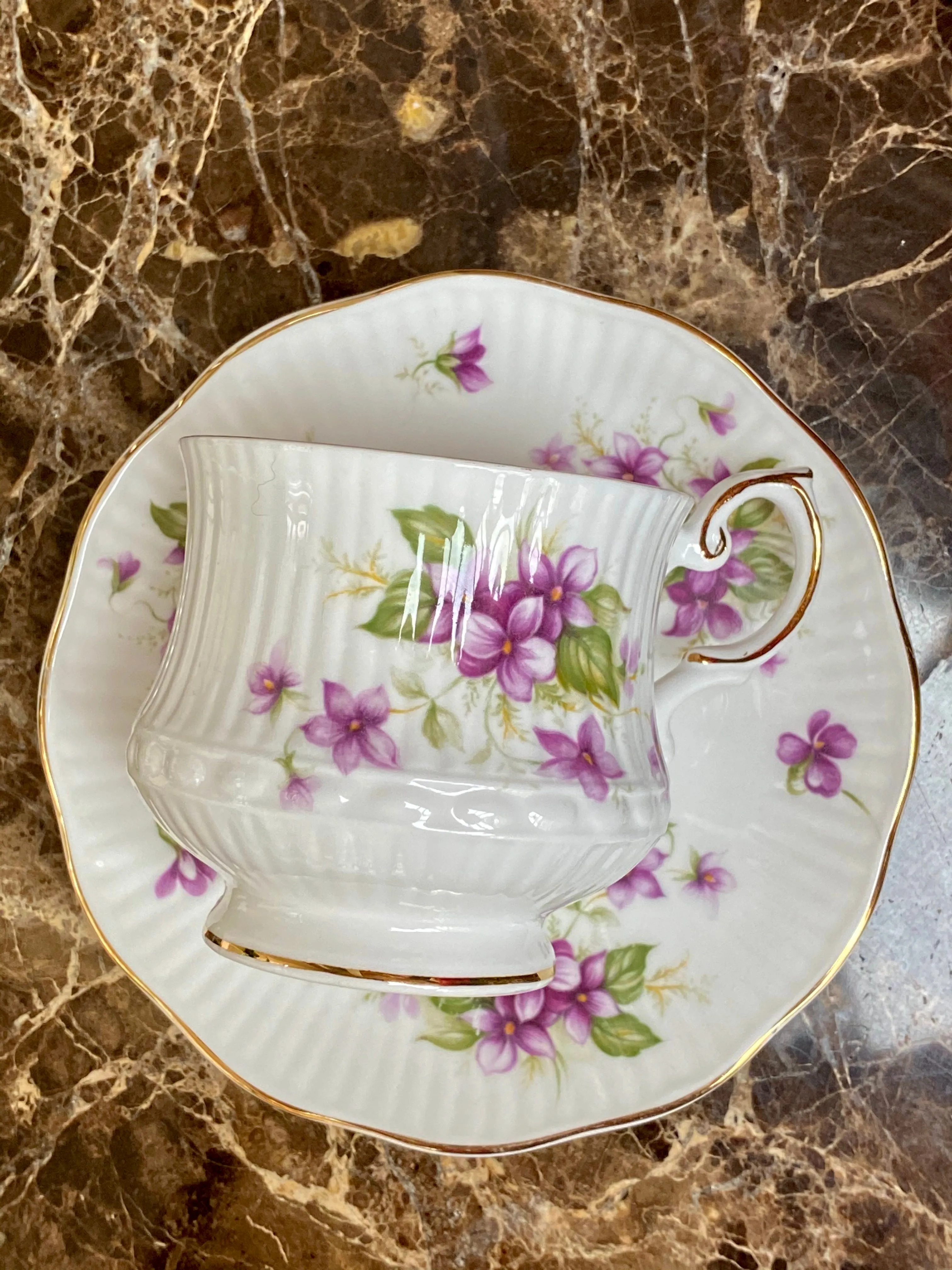 VINTAGE QUEENS VIOLETES CAFFEECUP AND SAUCER BONE CHINA