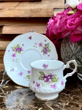 VINTAGE QUEENS VIOLETES CAFFEECUP AND SAUCER BONE CHINA