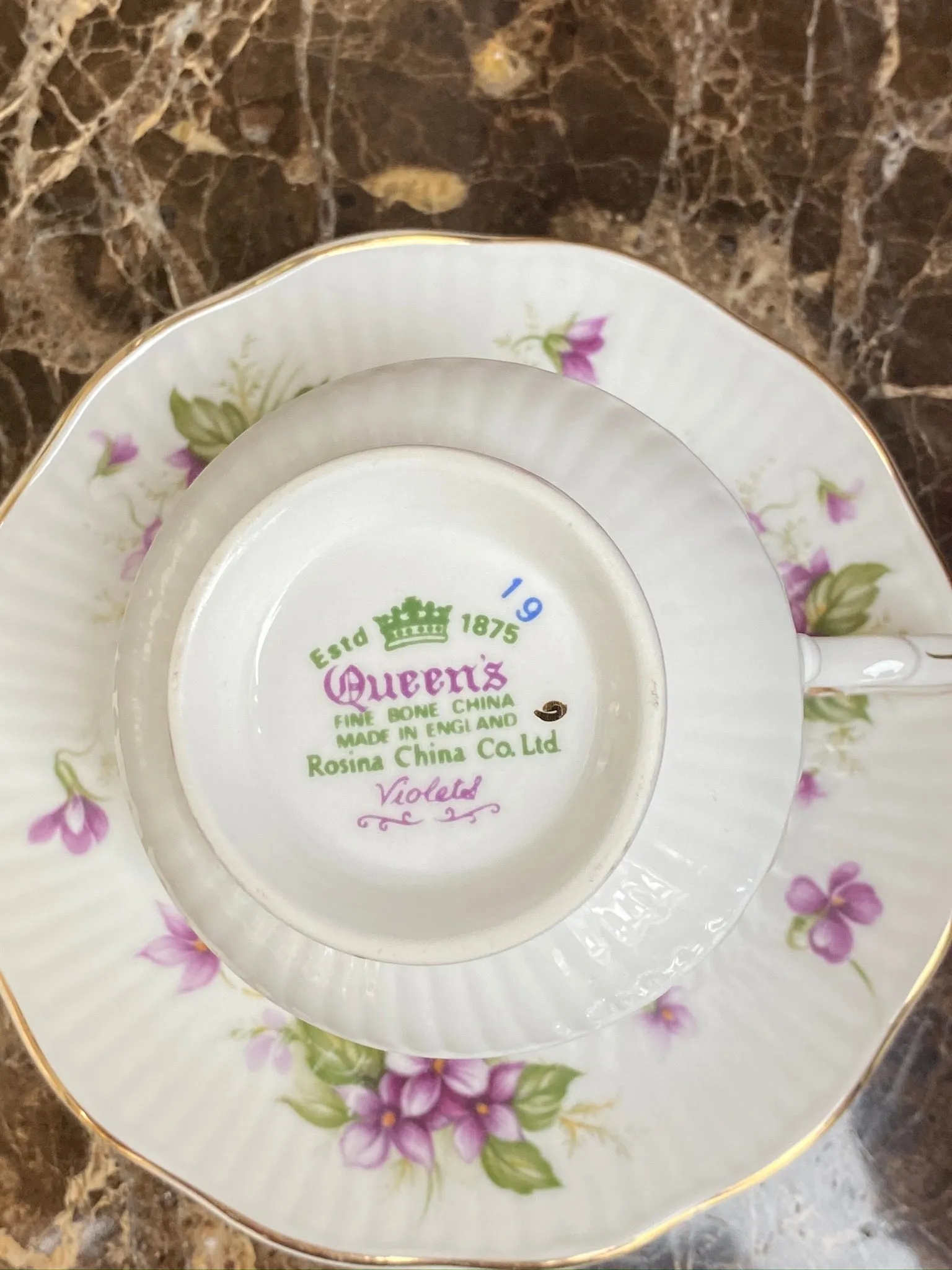 VINTAGE QUEENS VIOLETES CAFFEECUP AND SAUCER BONE CHINA