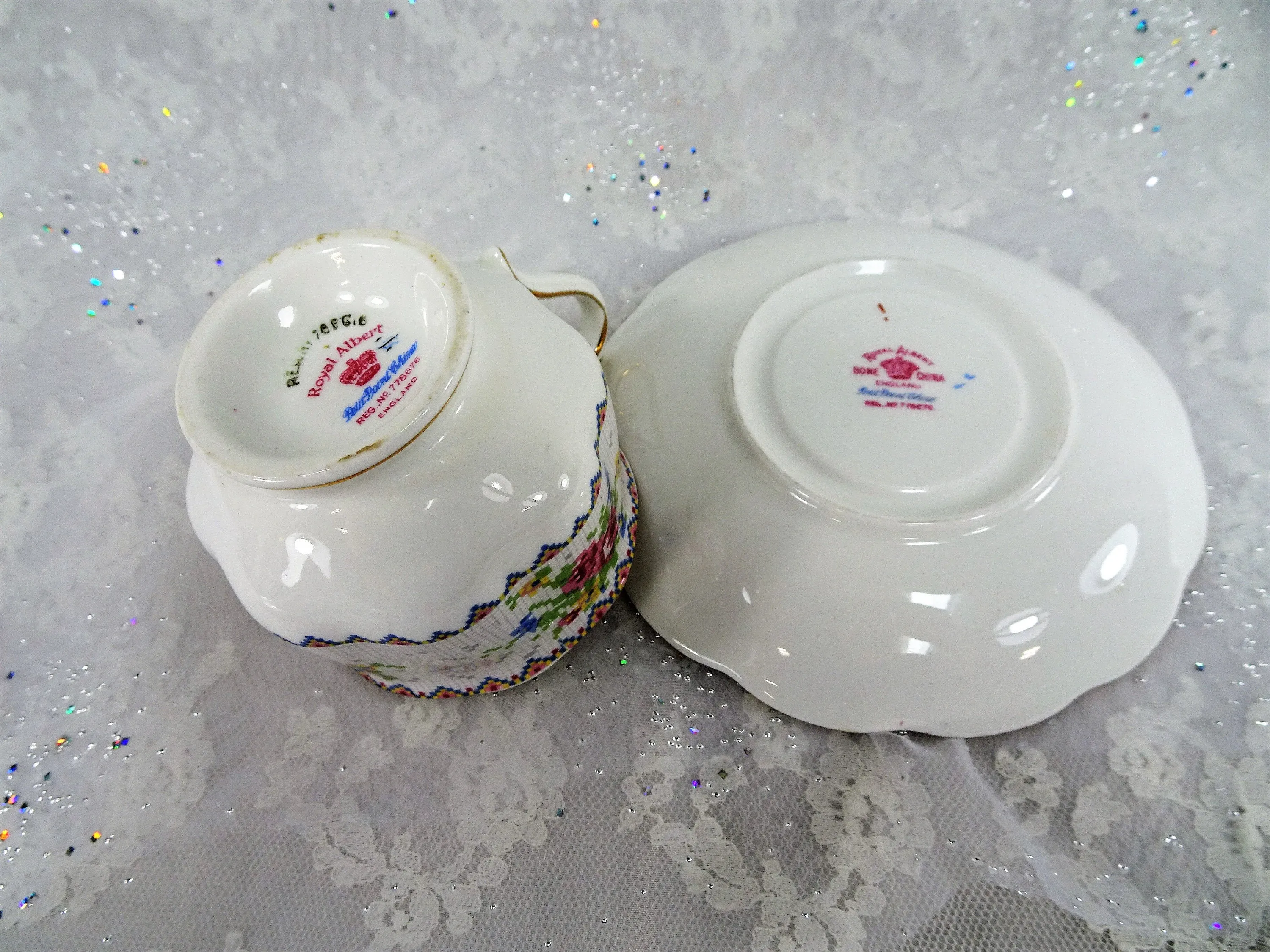 VINTAGE Royal Albert English Bone China Teacup and Saucer,Petit Point Pattern,Charming Pink Blue Cup and Saucer,Collectible Vintage Teacups