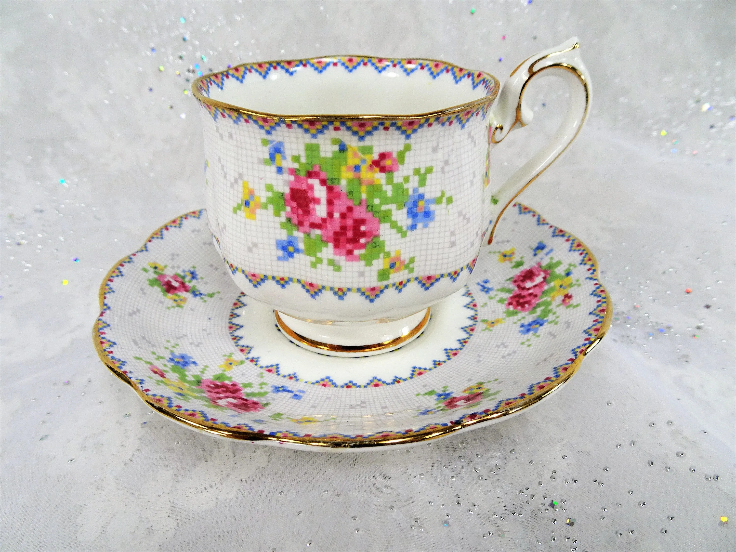 VINTAGE Royal Albert English Bone China Teacup and Saucer,Petit Point Pattern,Charming Pink Blue Cup and Saucer,Collectible Vintage Teacups