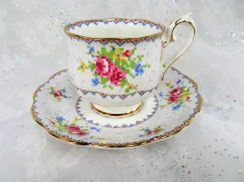 VINTAGE Royal Albert English Bone China Teacup and Saucer,Petit Point Pattern,Charming Pink Blue Cup and Saucer,Collectible Vintage Teacups