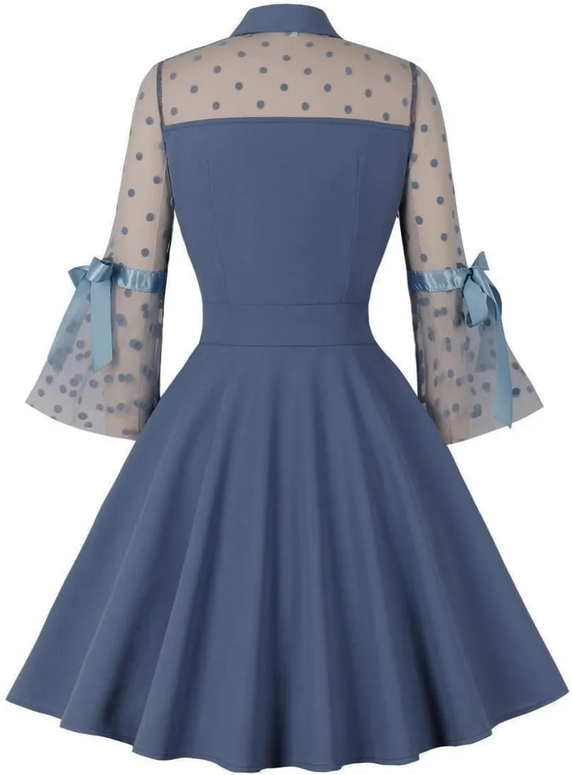 Wellwits Women's Keyhole Mesh Bell Sleeve Vintage Skater Dress