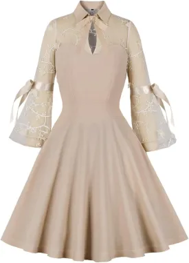Wellwits Women's Keyhole Mesh Bell Sleeve Vintage Skater Dress