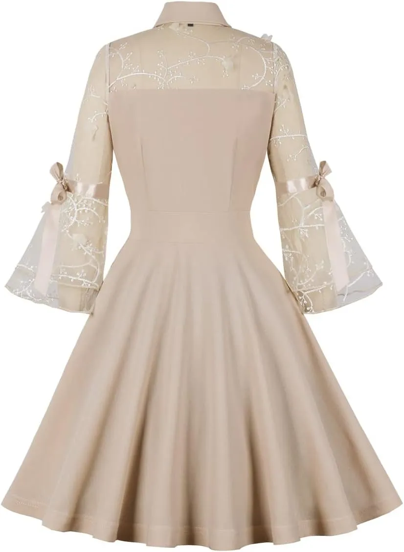 Wellwits Women's Keyhole Mesh Bell Sleeve Vintage Skater Dress