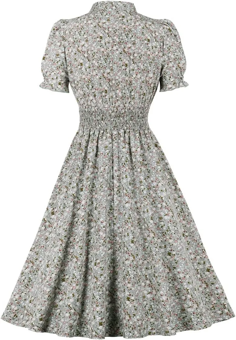 Wellwits Women's V Neck Smock Summer Ditsy Floral Vintage Dress