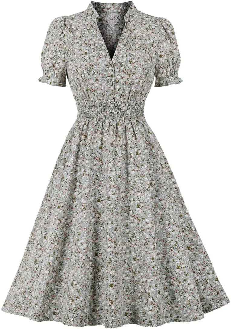 Wellwits Women's V Neck Smock Summer Ditsy Floral Vintage Dress