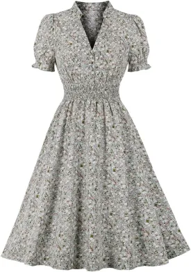 Wellwits Women's V Neck Smock Summer Ditsy Floral Vintage Dress