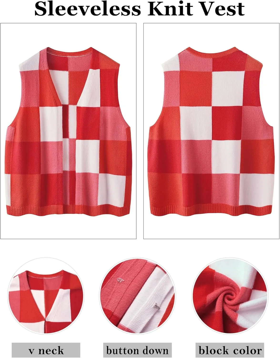 Women Button Down Knit Vest Color Block V Neck Sweater Vest Sleeveless Open Front Cardigan Crochet Vest