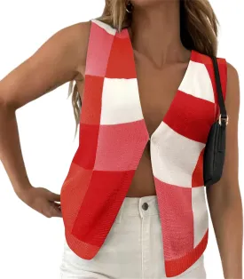 Women Button Down Knit Vest Color Block V Neck Sweater Vest Sleeveless Open Front Cardigan Crochet Vest
