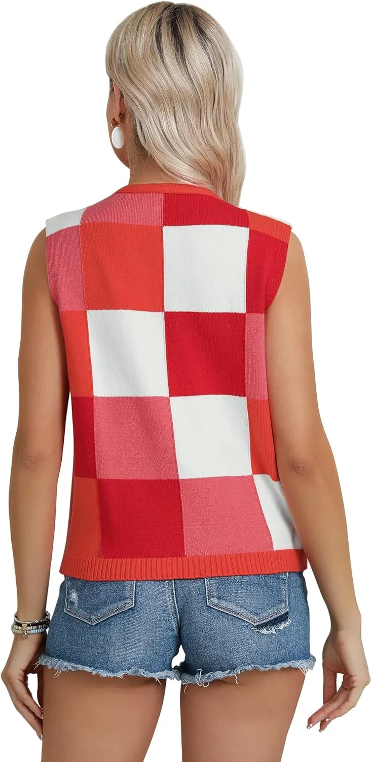 Women Button Down Knit Vest Color Block V Neck Sweater Vest Sleeveless Open Front Cardigan Crochet Vest