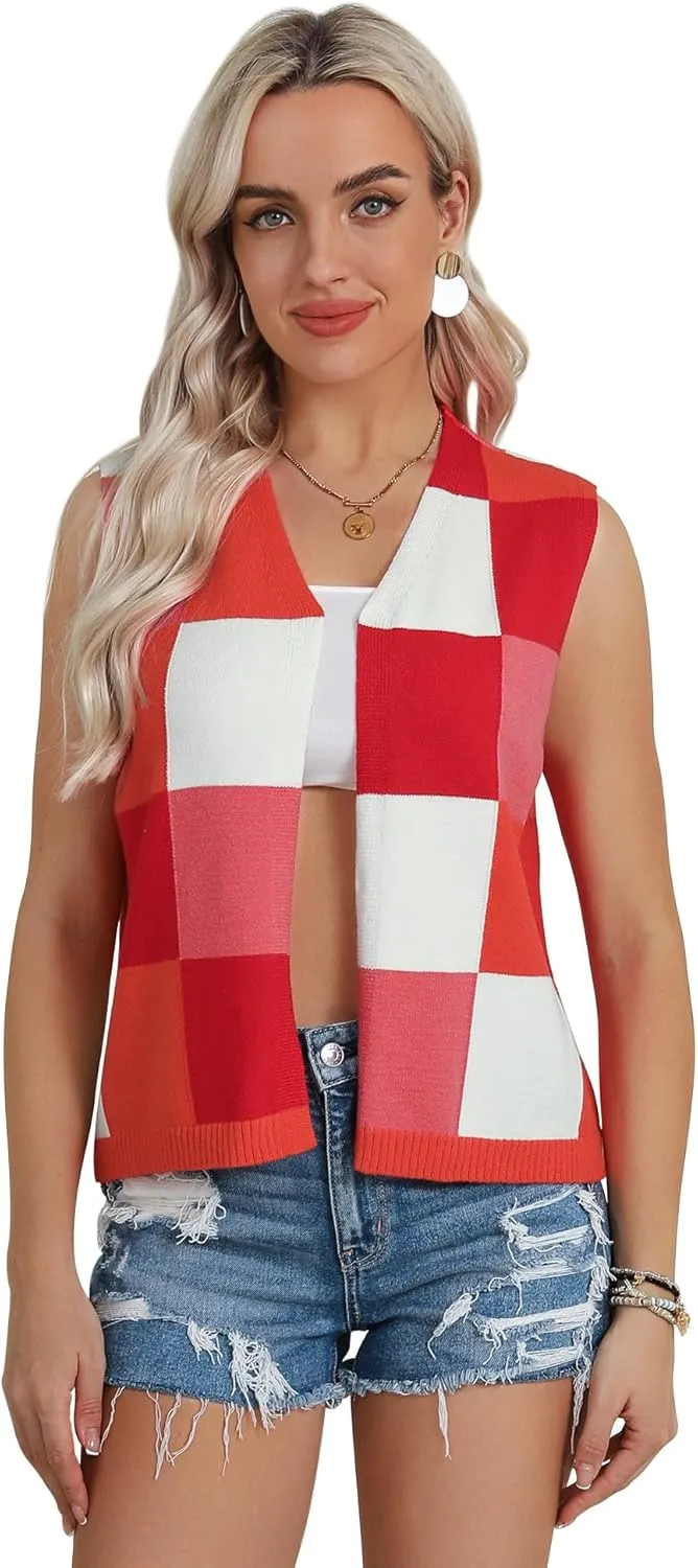 Women Button Down Knit Vest Color Block V Neck Sweater Vest Sleeveless Open Front Cardigan Crochet Vest