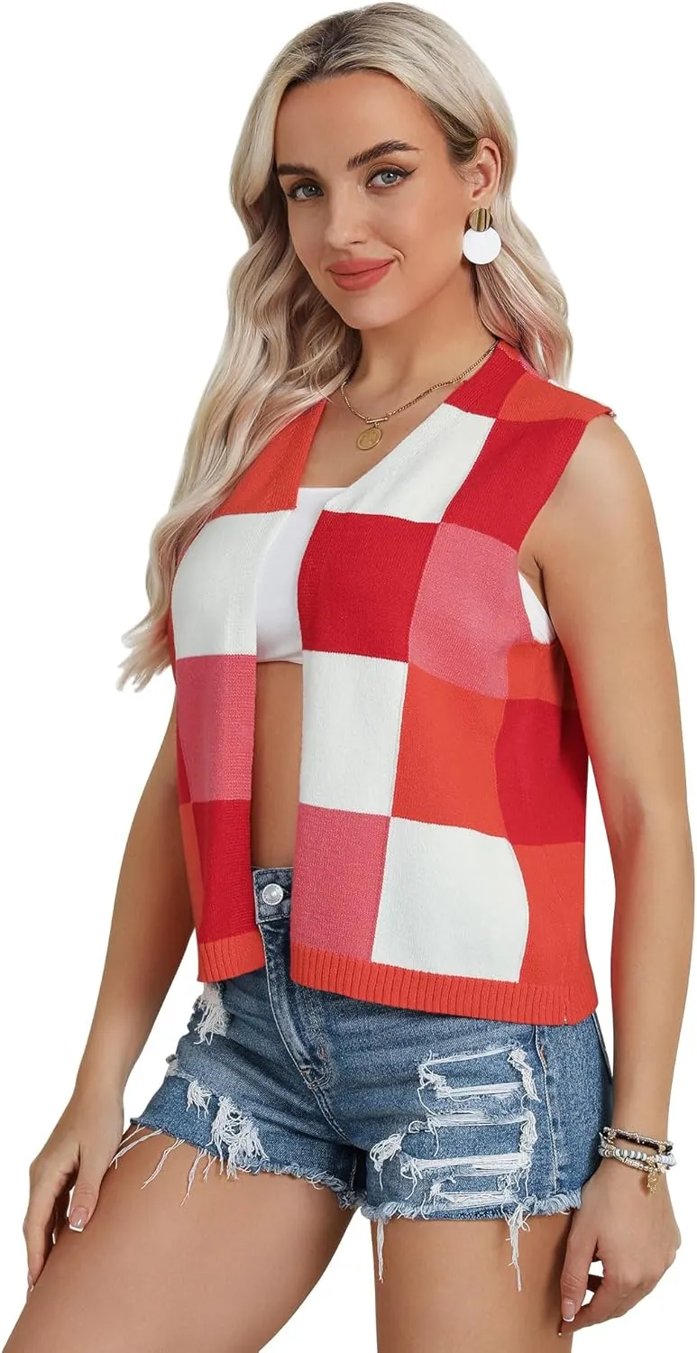 Women Button Down Knit Vest Color Block V Neck Sweater Vest Sleeveless Open Front Cardigan Crochet Vest