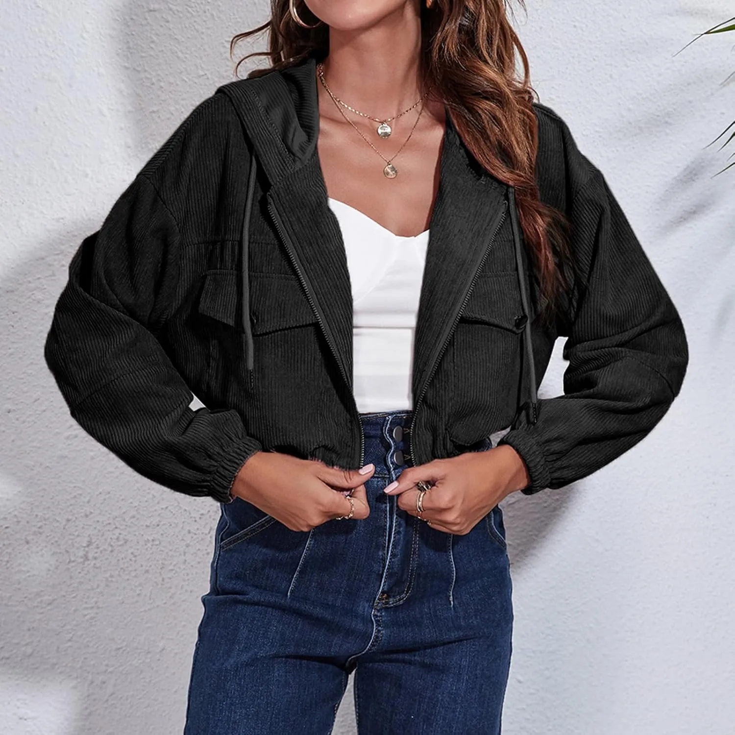 Women Cropped Shacket Corduroy Hooded Jacket Casual Long Sleeve Button Down Hoodies Soft Comfy Tops Y2K Outfits