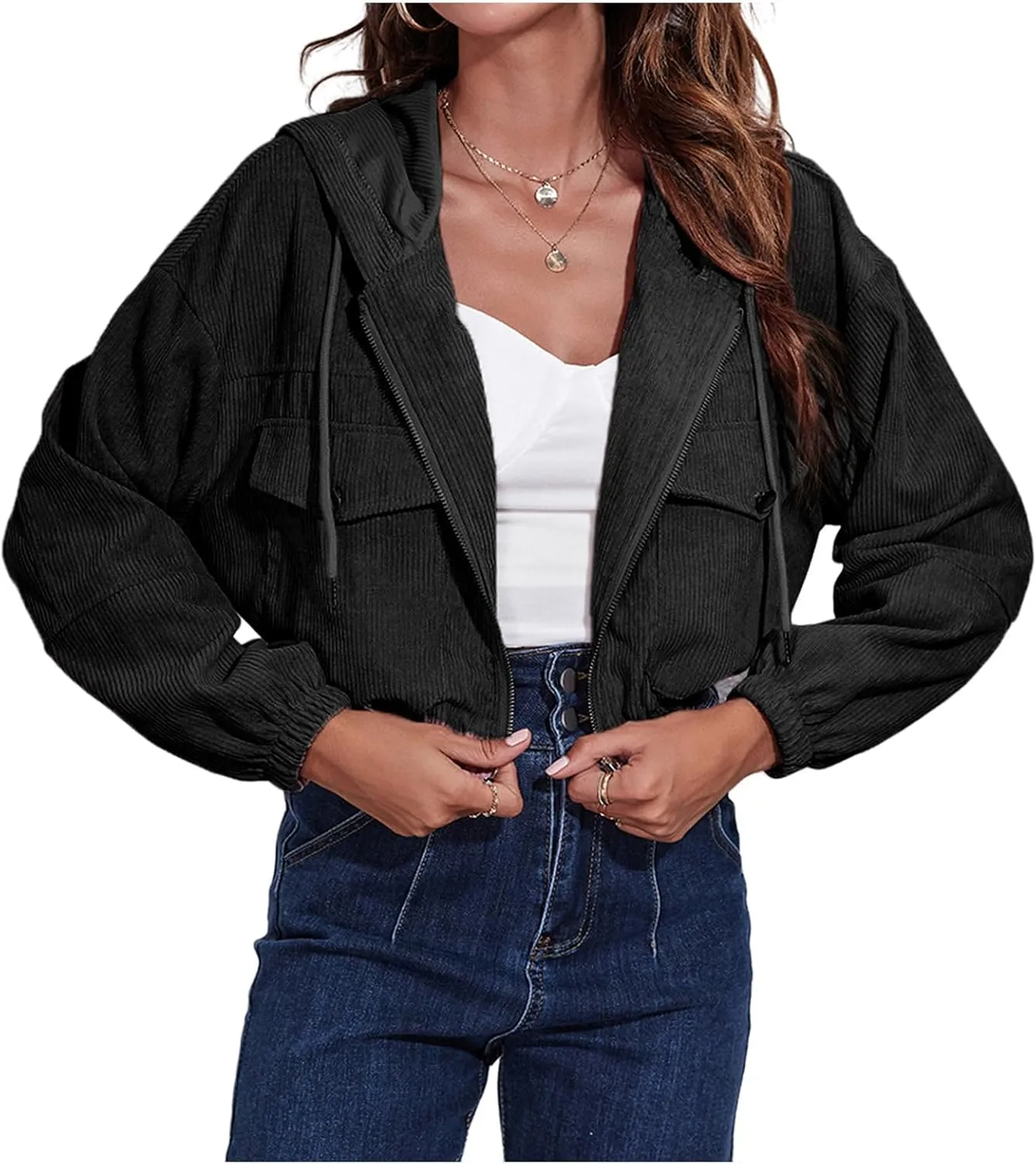 Women Cropped Shacket Corduroy Hooded Jacket Casual Long Sleeve Button Down Hoodies Soft Comfy Tops Y2K Outfits
