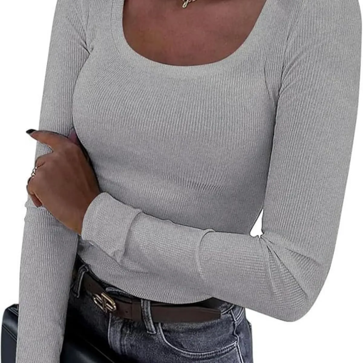 Women Ribbed Long Sleeve T Shirt - High Stretch Slim Fit Tee, Soft Basic Tops Women Long Sleeve T Shirt