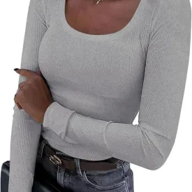 Women Ribbed Long Sleeve T Shirt - High Stretch Slim Fit Tee, Soft Basic Tops Women Long Sleeve T Shirt