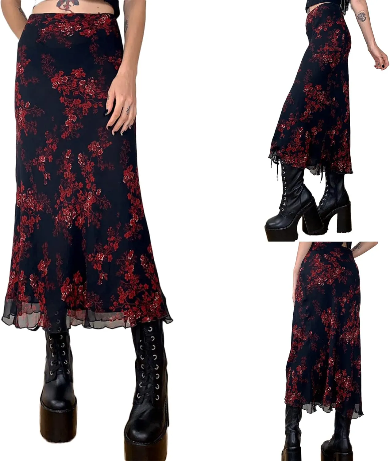 Women Vintage Long Skirt Summer Spring Casual High Waist Retro Floral Print Slim Fit Half Dress Streetwear