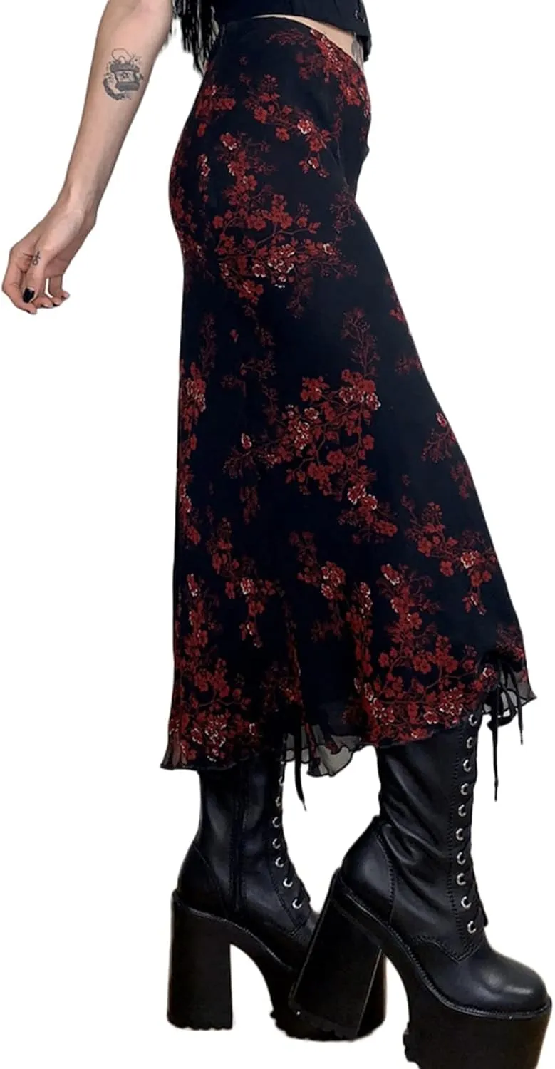 Women Vintage Long Skirt Summer Spring Casual High Waist Retro Floral Print Slim Fit Half Dress Streetwear