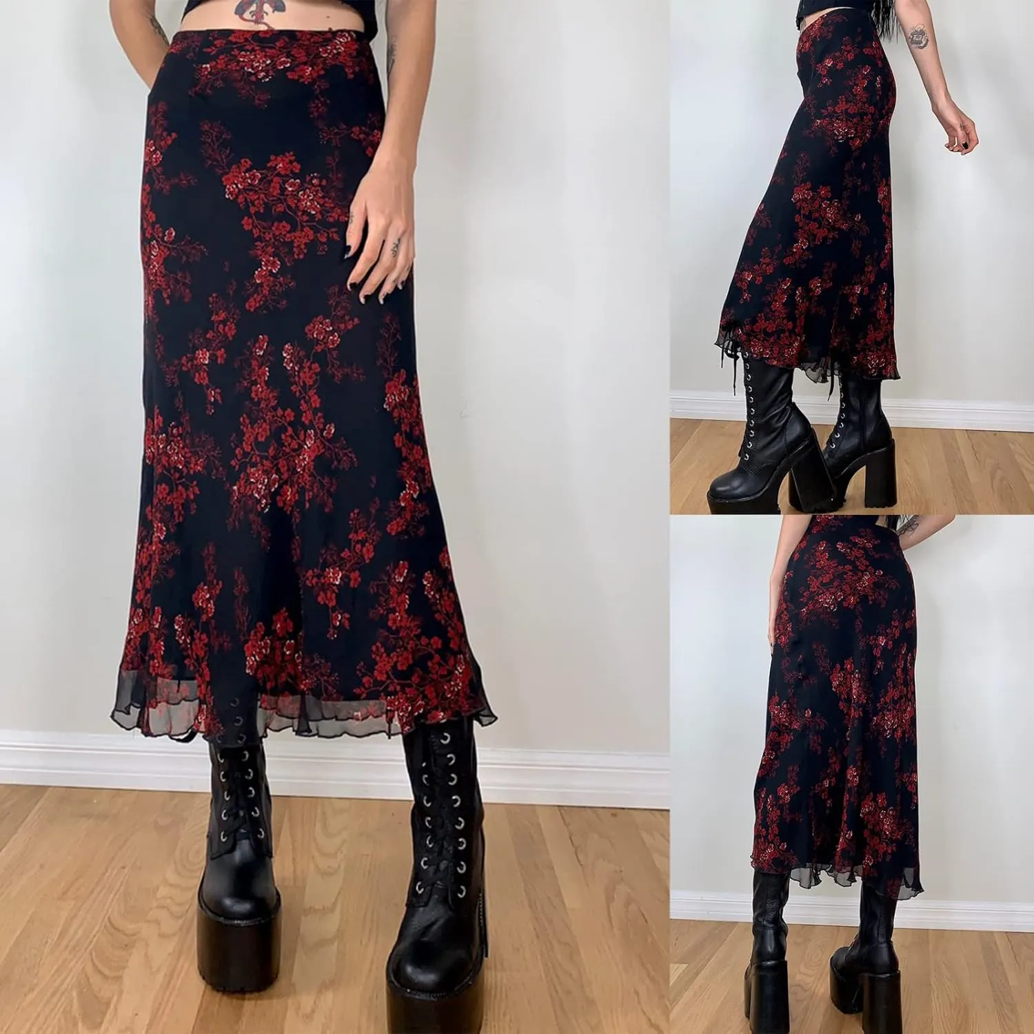 Women Vintage Long Skirt Summer Spring Casual High Waist Retro Floral Print Slim Fit Half Dress Streetwear