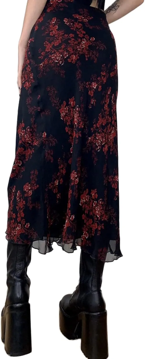 Women Vintage Long Skirt Summer Spring Casual High Waist Retro Floral Print Slim Fit Half Dress Streetwear