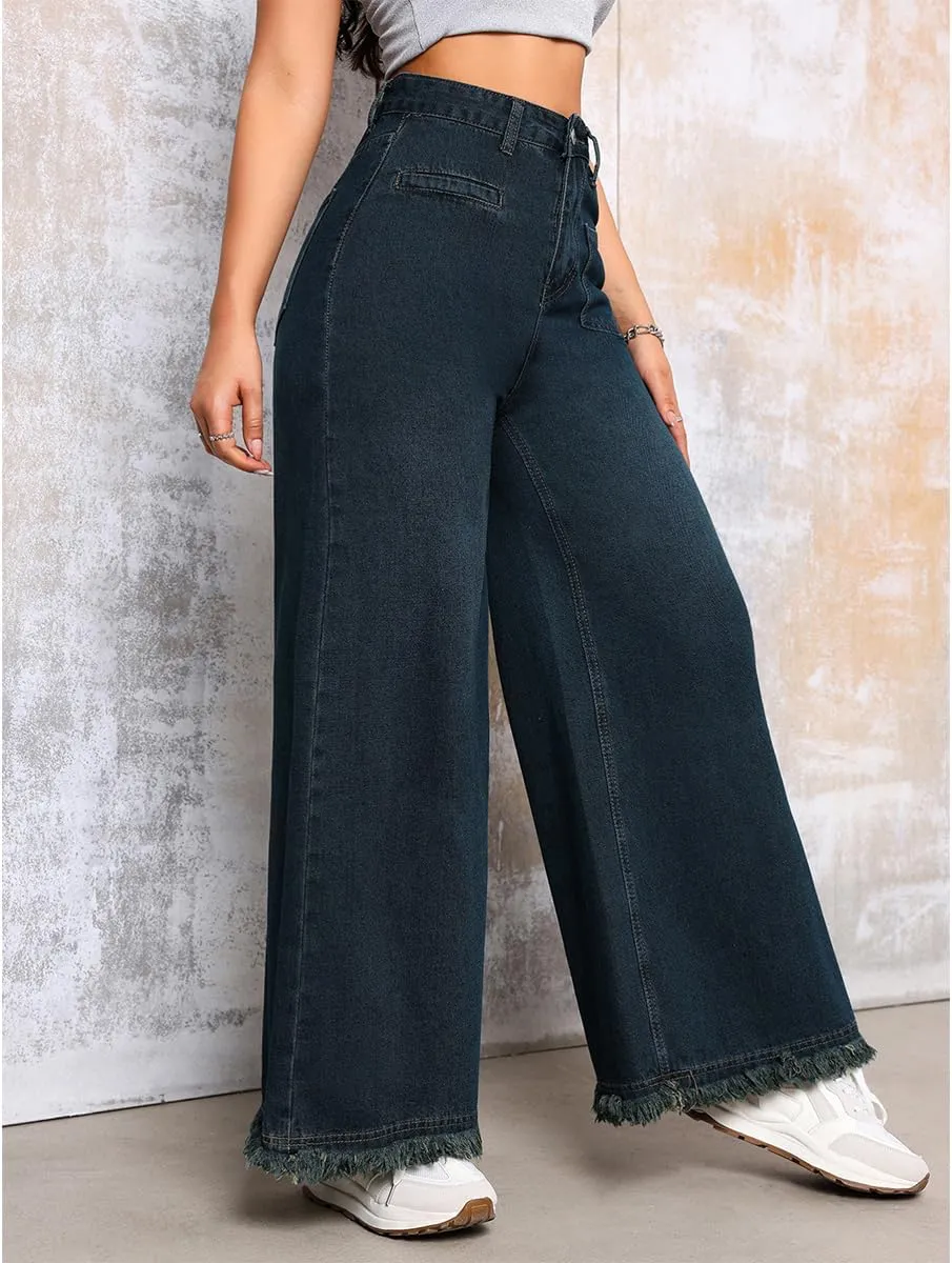 Women's Baggy Stretchy Jeans High Waisted Washed Raw Edge Wide Leg Denim Jeans